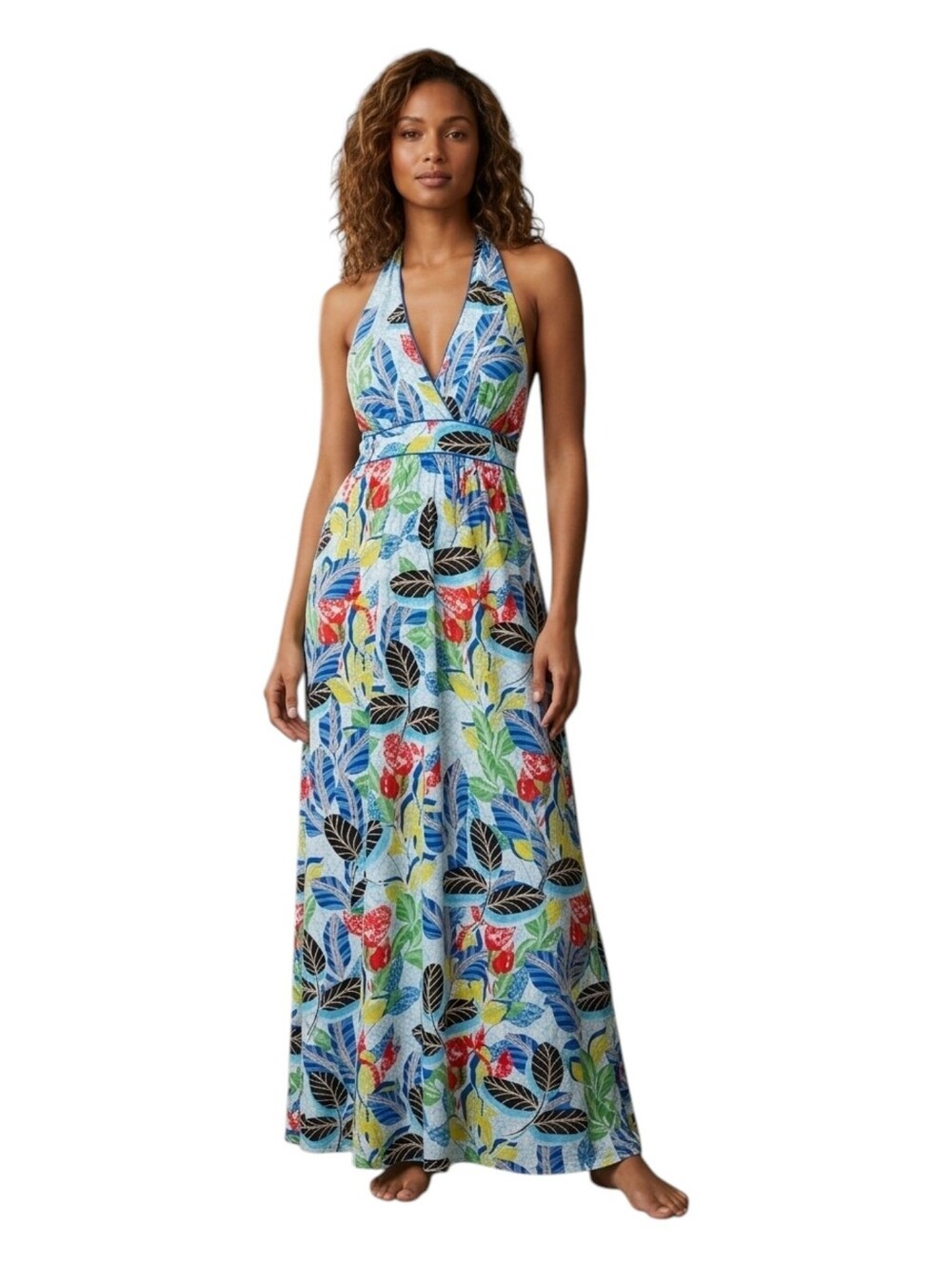 Joy Joy Flirty Maxi Halter Dress XS Tropical Print Beach Vacation Smocked